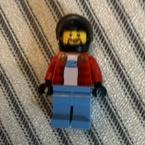 LEGO Ford Minifigure Bearded Male w/ Black Helmet, Red Plaid Jacket, Blue Legs