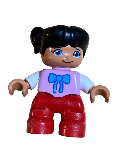 Lego Duplo Figure Kid Girl Black hair pink Top w/ Blue Bow Red Pants