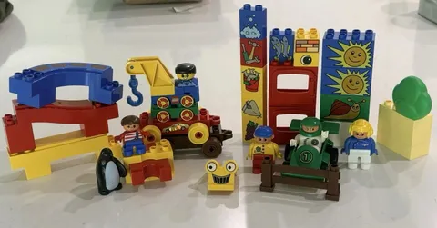 Vintage LEGO Duplo Mixed Lot Figures Race Car Crane Train Bridge Blocks Animals