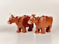 LEGO Reddish Brown Cow - Dairy Farm Barn Animal w/White Curved Horns - LOT OF 2