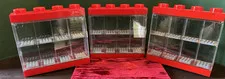 3 LEGO Minifigure Display Case Lot for 8 Figures Red Clear Door Made Poland 2015