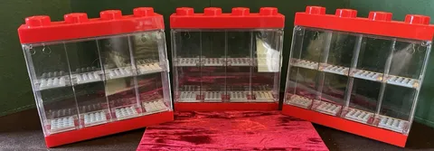 3 LEGO Minifigure Display Case Lot for 8 Figures Red Clear Door Made Poland 2015