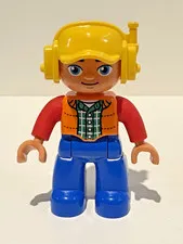 LEGO Duplo Construction Worker Orange Vest Plaid Shirt Yellow Helmet Headset