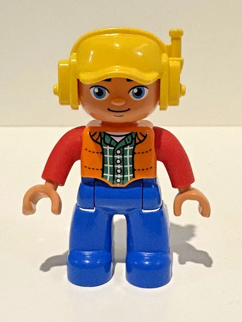 LEGO Duplo Construction Worker Orange Vest Plaid Shirt Yellow Helmet Headset