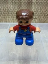 Lego Duplo Figure Kid Girl brown hair red/blue overalls flower 