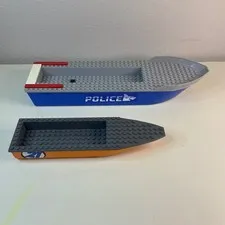 Lot of 2 Lego Police Blue Boat Hull Gray Top & Orange Hull Gray Top w/Stickers