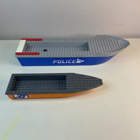 Lot of 2 Lego Police Blue Boat Hull Gray Top & Orange Hull Gray Top w/Stickers