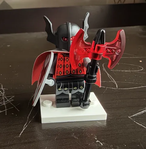 LEGO Minifigure Red & Black Armored Warrior Helmet Cape Shield Axe