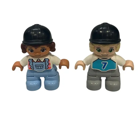 Lot of 2 LEGO Duplo Figures Boy 7 Top Girl Overalls Black Helmets Horse Riders
