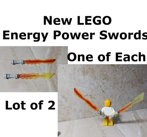 New LEGO Power Energy Sword Set Lot of 2 Serrated Blade Marbled Flame Hilts