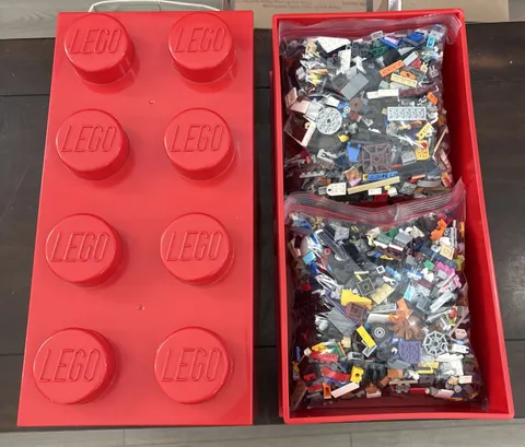 LEGO Red Storage Brick Box 8 Knob + 6 lbs Bulk LEGO Pieces Lot