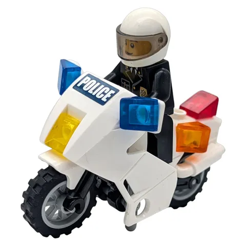 LEGO minifigure police officer with motorcycle city road