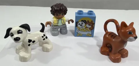 Lot of 4 Lego Duplo Figures Boy, Dog w Black Spots, Cat & Printed Block