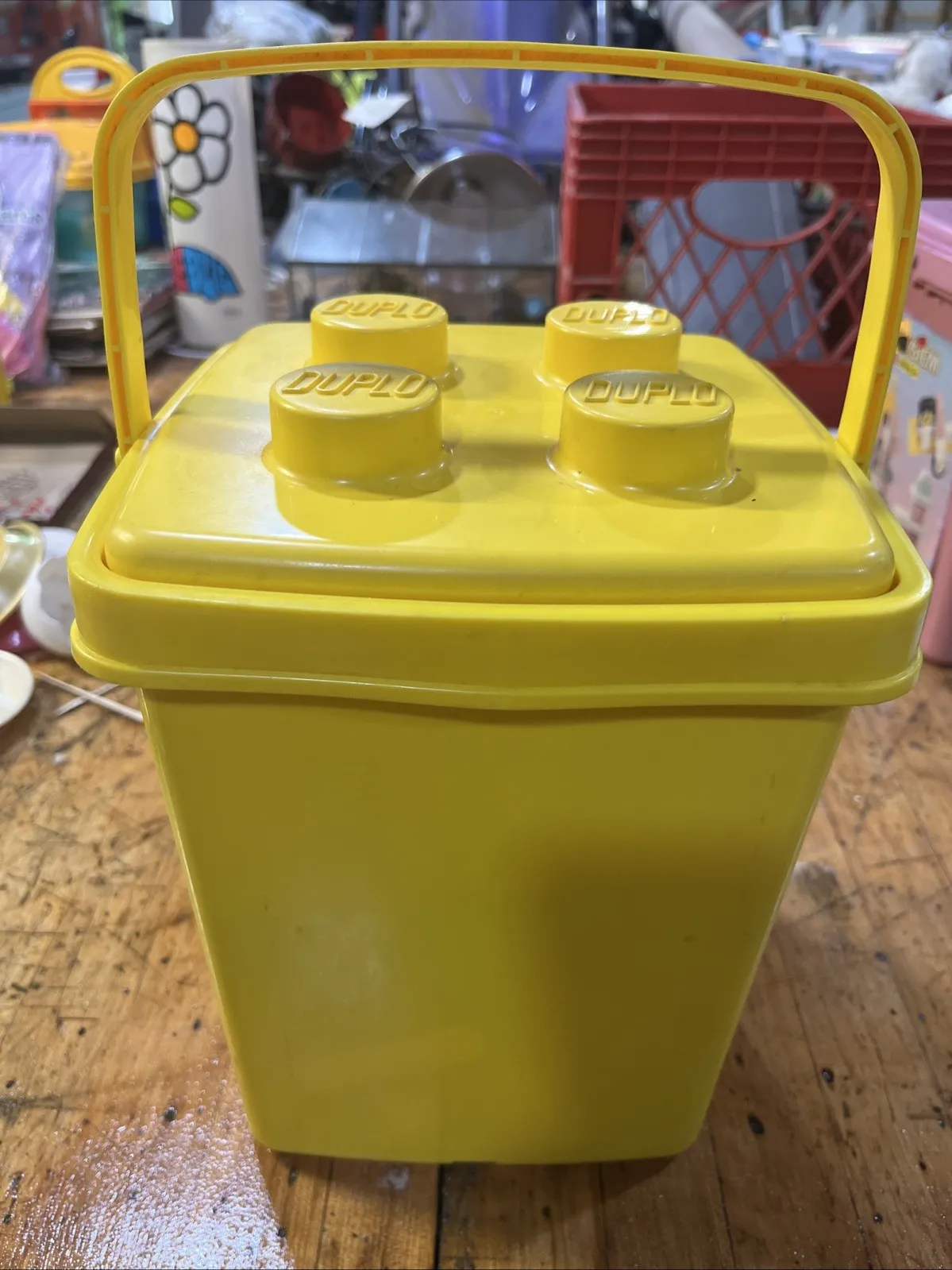 Lego /Duplo Vintage Yellow Storage Box With Handle /50 + Duplo Blocks