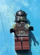 LEGO Minifigure Orc/Troll Style - Green Head, Black Helmet, Brown Legs