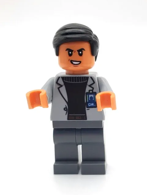 Lego Minifigure Jurassic World Dr Henry Wu Evil Smile Gray Jacket Toy Figure