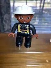 Lego Duplo Figure African American Fireman White Helmet Black Uniform