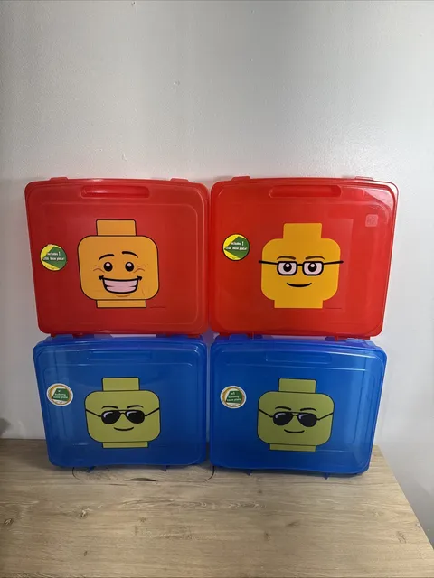 Iris Lot Of 4 LEGO Mini figure Storage Case Blue & Red Head Project Carry Box