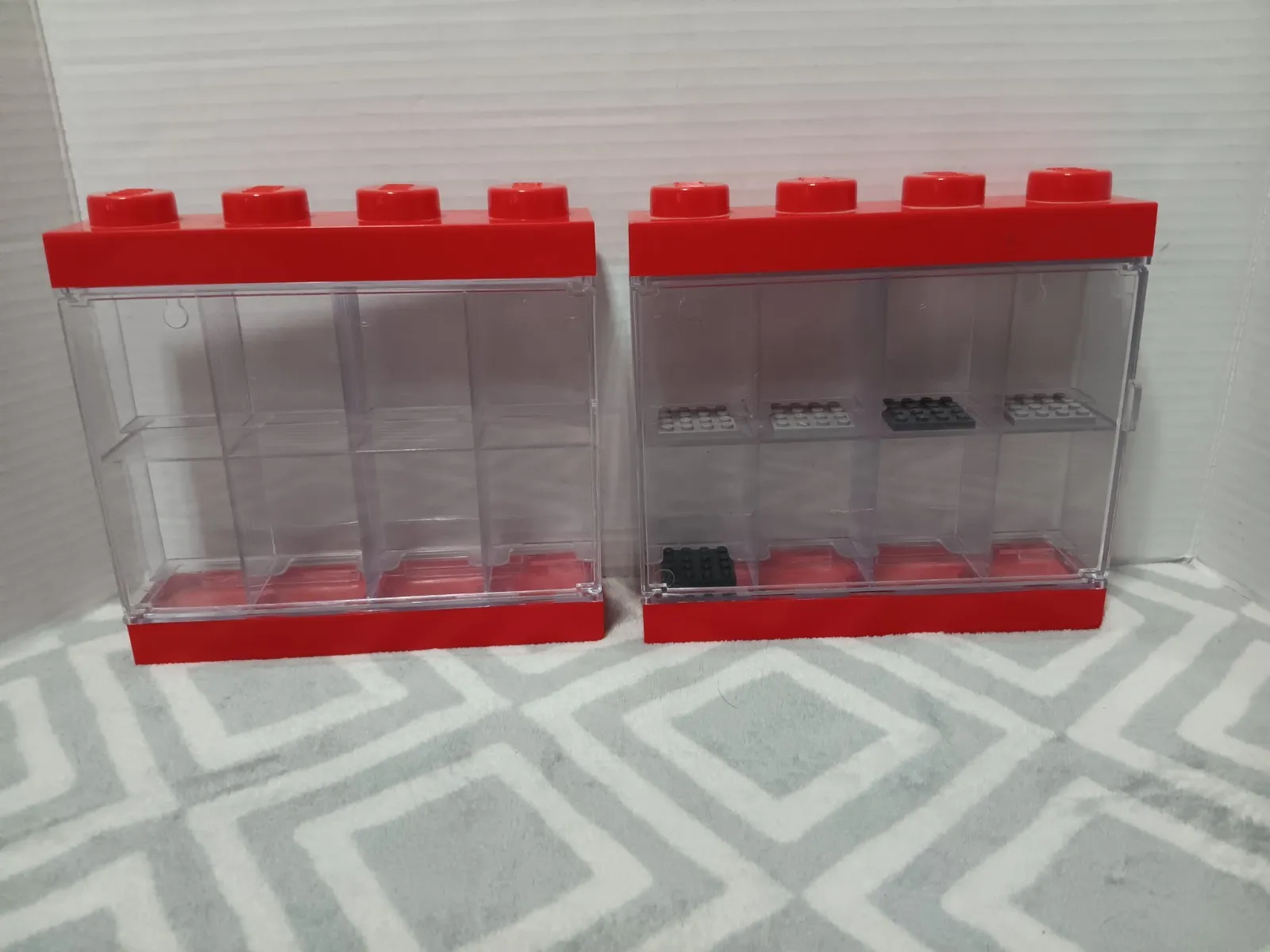 2 LEGO Minifigure Display Case for 8 Figures Red Black Clear Door 