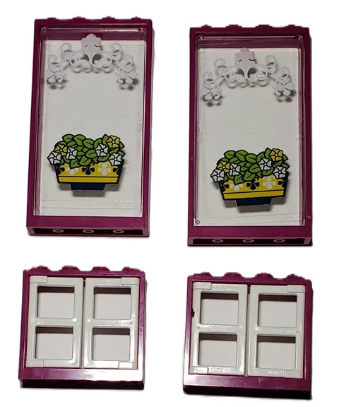 Lot Of 4 Magenta Lego Windows 2 With Shutters and 2 With Glass Friends