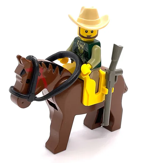 Lego Cowboy & Horse Minifigure - Handsome Ranch Hand w/ Rifle - Western Frontier
