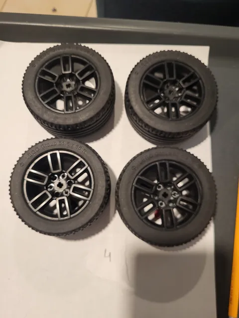 LEGO Technic 56mm D. x 34mm 3 Pinhole Black Wheels, 81.6 x 36 R Tires, Lot of 4