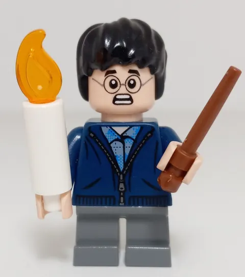 Lego Harry Potter Minifigure With Dark Blue Zip Up Hoodie Candlestick & Wand