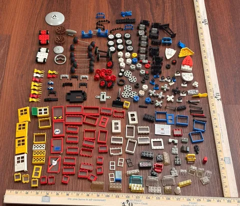 Lego Pieces Lot Tires Axle Door Window Flag Boat Steering Wheel Propeller Pulley