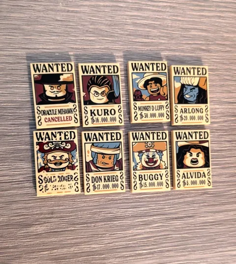 LEGO One Piece Wanted Poster Tiles (FULL SET of 8) Luffy Roger Mihawk Buggy Kuro