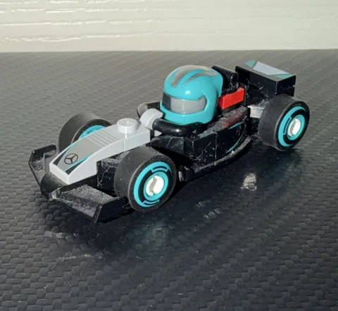 LEGO F1 Mercedes Race Car Vehicle Black & Gray Plastic with Teal Driver Helmet