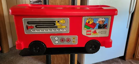 Vintage 1998 LEGO DUPLO Red Firetruck Storage Organizer on Wheels Ride On Box wi