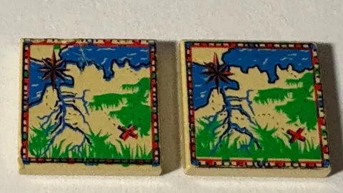 (2)LEGO Part 3068px9 Map Treasure Tile 2 x 2 Blue Water Yellow Land Ship Anchor